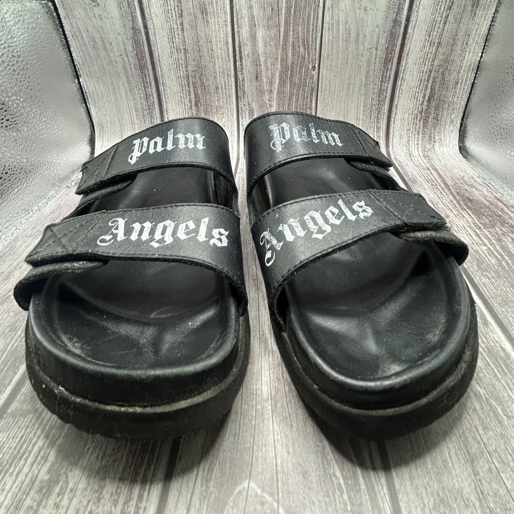 PALM ANGELS Double Strap Leather Slide Sandals Black White Logo + Box & Dust Bag - Picture 8 of 14